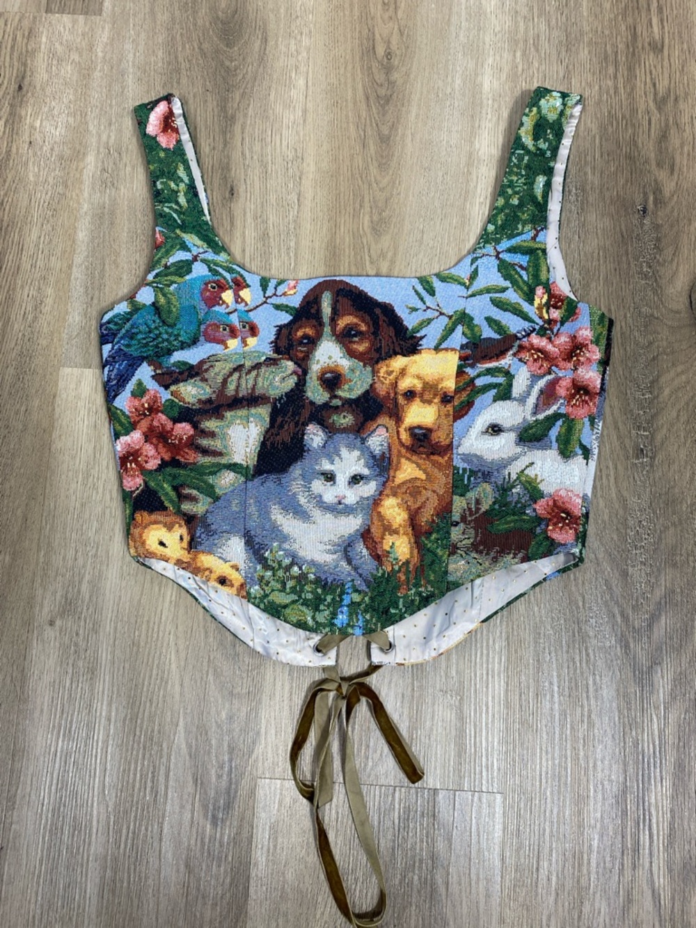 Lace Up Tapestry Corset Style Crop Top with cute animal print
